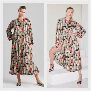 Natori Dynasty Mandarin Zip Caftan Size L Black & Red Artistic, Bohemian